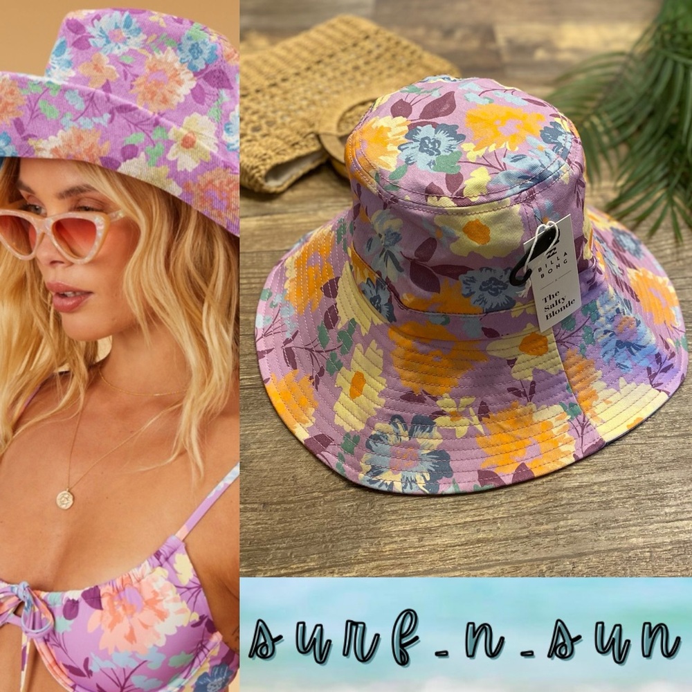 Billabong x Salty Blonde 💜 Lilac Floral Wide Soak It Up Bucket Hat